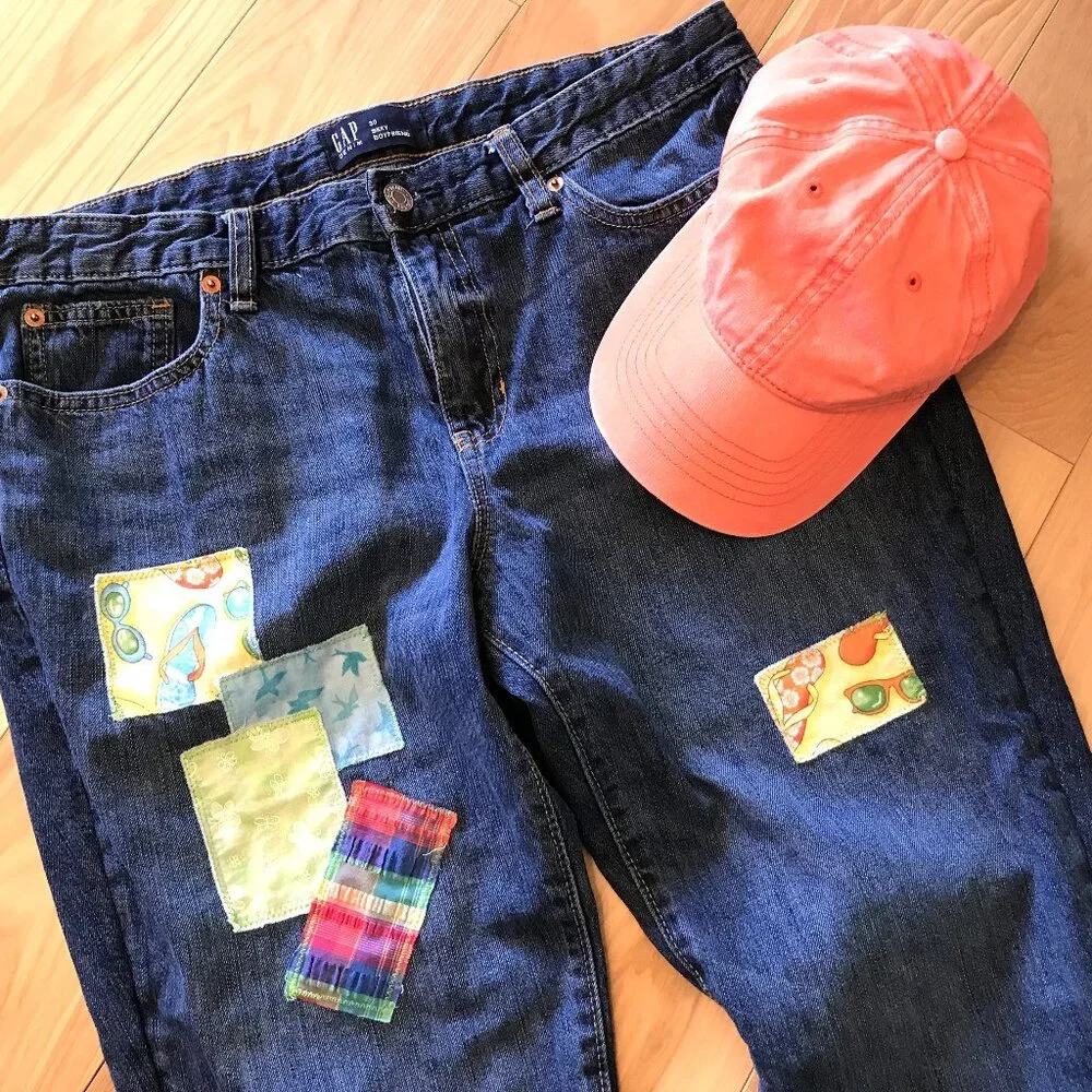 Patchwork Denim Capri Pants, Upcycled Gap Summer Patch Cropped Jeans 30 Waist